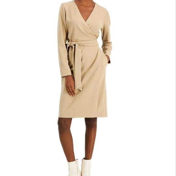 Alfani Beige Belted Wrap Long sleeve Surplice Neckline Wrap Dress Size SP - Picture 2 of 12